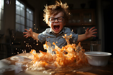 A little boy wtih glasses excited about playing with food on table ai generated art.