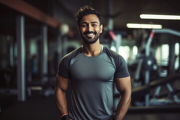 Smiling young Indian man wearing sportswear posing in gym - obrazy, fototapety, plakaty