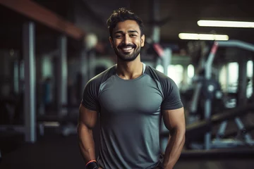 Foto op Plexiglas Smiling young Indian man wearing sportswear posing in gym © NEM