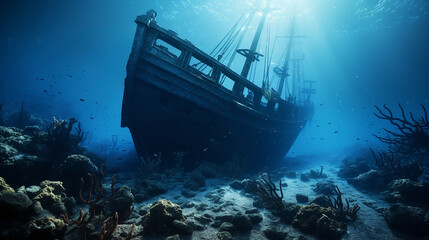 A wreck of a ship lying on the seabed and the sunlight reflects a beautiful light on him