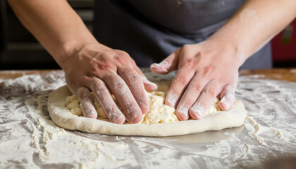 Chef de cozinha fazendo massa de pão, pizza. Mãos amassando massa de pão, pizza. - obrazy, fototapety, plakaty
