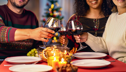 Três pessoas brindando com taças de vinho em uma mesa de jantar luzes de natal no fundo - obrazy, fototapety, plakaty