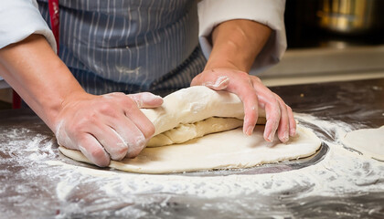 Chef de cozinha fazendo massa de pão, pizza. Mãos amassando massa de pão, pizza. - obrazy, fototapety, plakaty