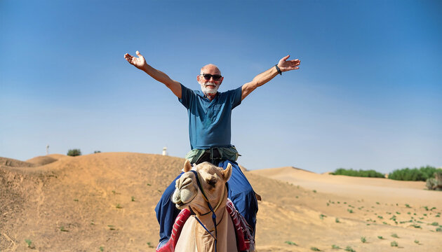 Senhor de idade em cima de um camelo com os braços abertos curtindo sua aposentadoria 