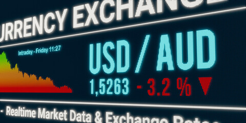 USD - AUD currency exchange rate down. US dollar drops against Austral dollar. Currency trading, business, economy, loss. 3D illustration