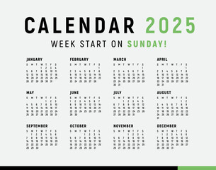 Calendar 2025, Minimal style, Week start sunday.