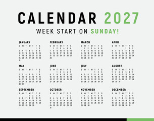 Fototapeta na wymiar Calendar 2027, Minimal style, Week start sunday.