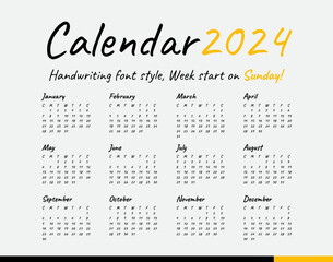 Calendar 2024, Handwriting, Minimal style, Week start sunday.