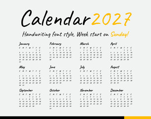 Calendar 2027, Handwriting, Minimal style, Week start sunday.