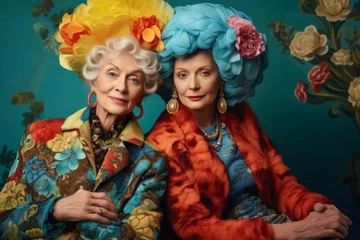 Poster Two happy beautiful old women wearing colorful clothing and accessories enjoy their friendship.  © LyubaAlex