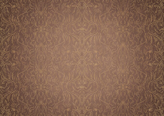Hand-drawn unique abstract gold ornament on a light brown background, with vignette of darker background color and splatters of golden glitter. Paper texture. Digital artwork, A4. (pattern: p11-1b)