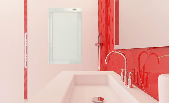 Clean and fresh bathroom with natural light. 3D rendering.. Mockup.   Empty paintings