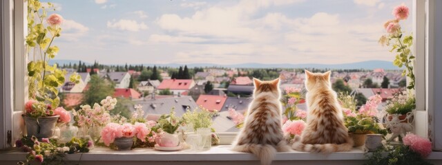 Funny  cats are sitting on an open window and admiring the beautiful landscapeGenerated image - obrazy, fototapety, plakaty