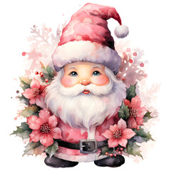 Pink santa claus watercolor design with transparent background, PNG illustration