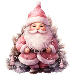 Pink santa claus watercolor design with transparent background, PNG illustration