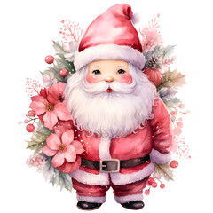 Pink santa claus watercolor design with transparent background, PNG illustration