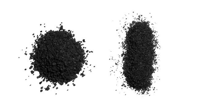 Piles of isolated organic black coal carbon bath salt, on transparent background