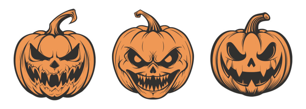 Set of scary spooky boo Halloween pumpkin lantern monster. Traditional autumn october american holiday symbol. Graphic Art