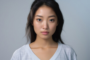 Cozy Comfort: A Beautiful Asian Teen Japanese Girl in Pajamas Gazes at the Camera Against a Gray Background..