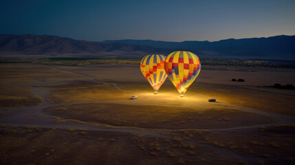 montgolfières en préparation pour le décollage au levé du jour dans le désert, éclairées à la lueur des torchères - obrazy, fototapety, plakaty