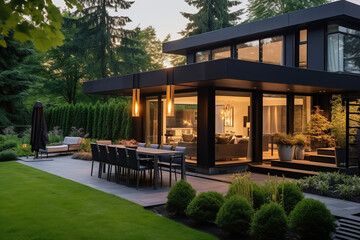 View of luxurious modern house exterior with dining space and garden - obrazy, fototapety, plakaty