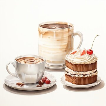 2 coffee cups and a slice of cake in watercolor painting, in the style of decorative backgrounds, light white and dark brown, realistic genre scenes,
