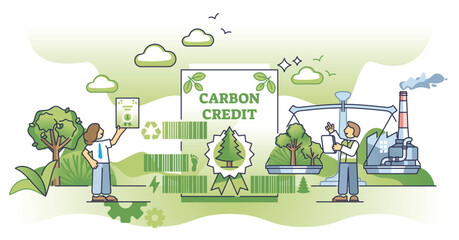 Carbon credits and emissions selling for CO2 gas exchange outline concept. Green, ecological and sustainable strategy for company pollution footprint reduction vector illustration. Dioxide trading. - obrazy, fototapety, plakaty