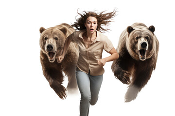 woman running from bear isolated on white - obrazy, fototapety, plakaty