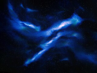 Blue galactic nebula. Cosmic filaments of gas. Interstellar clouds with stars. Colorful cosmos background.
