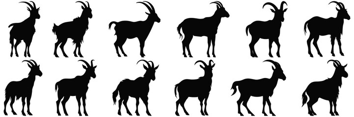 Goat silhouettes set, large pack of vector silhouette design, isolated white background