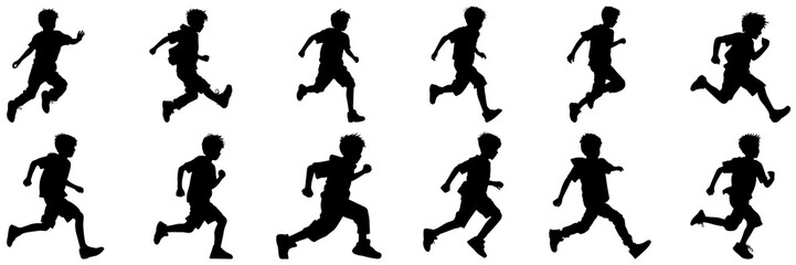 Running kid child silhouettes set, large pack of vector silhouette design, isolated white background