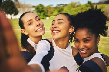 Portrait, women or cheerleaders in a group selfie at a game with support in training, exercise or...
