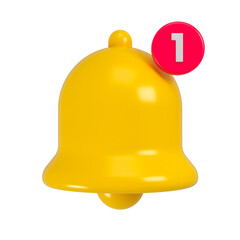 Yellow notification bell with one notification. Concept of new notification for social media reminder. 3d rendering.