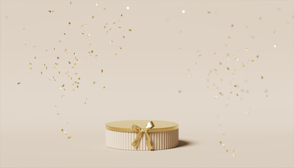 3D podium display. Beige background with gift box showcase for beauty product presentation or text. Gold confetti falling. Pedestal in studio. 3D render Christmas or birthday mockup.
