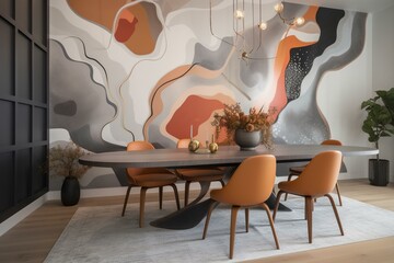 Stunning dining table with abstract wall mural of organic forms and dynamic gray-orange colors. Generative AI