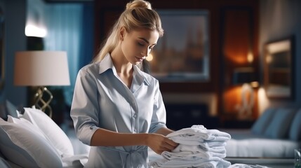 A beautiful maid prepares clean towels in a bedroom inside a luxurious hotel. - obrazy, fototapety, plakaty