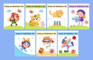 Fototapeta na wymiar Drawing and handwriting for children. Educational activity game set, worksheet for kids. Cartoon funny characters. Vector illustration. 