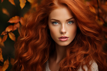 Generative Ai illustration of stunning woman surrounded by dry foliage autumn decorations background