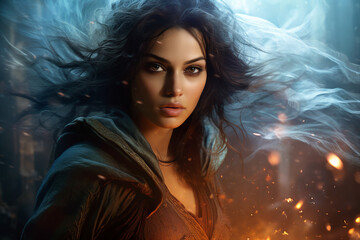 Generative ai collage photo of brave strong warrior fight in magical battle