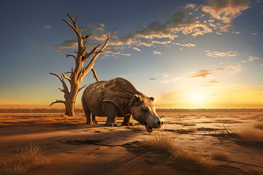 Diprotodon stood on an Australian Plain at sunset