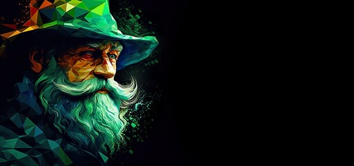 Leprechaun in polygonal artistic shapes, Kobold wearing a green hat with beard and mustache, isolated on black background for card, banner. Saint Patrick celebration in Ireland, Eire.