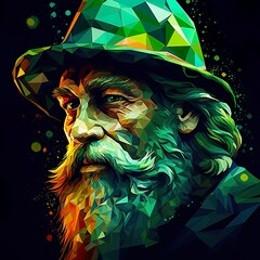 Leprechaun in polygonal artistic shapes, Kobold wearing a green hat with beard and mustache, isolated on black background for card, banner. Saint Patrick celebration in Ireland, Eire. - obrazy, fototapety, plakaty