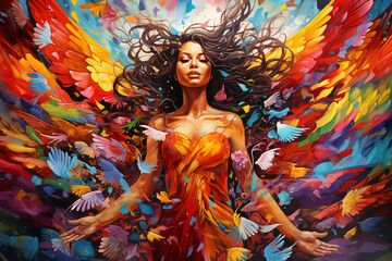 Generative AI portrait of adorable lovely girl fantasy cartoon personage isolated on vibrant painting background