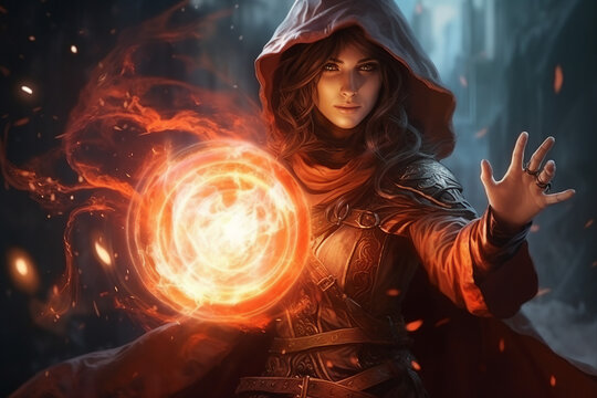 Generative ai collage picture of medieval wizard using dark magic fire spell