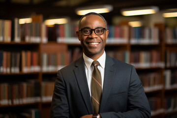Fototapeta premium Portrait of handsome happy man professional instructor scientist against a library bookshelf background generative AI