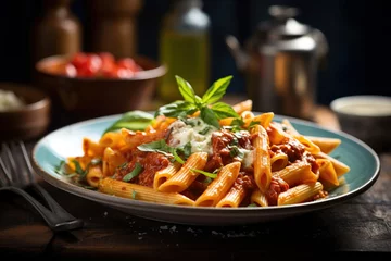 Fotobehang Penne Rigatoni Rigate eating pasta on fork meal from Italy lunch with tomato sauce on a plate © arhendrix