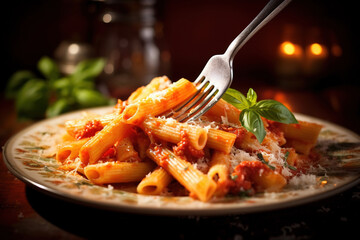 Penne Rigatoni Rigate eating pasta on fork meal from Italy lunch with tomato sauce on a plate