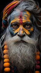 Portrait of a Sadhu with his colourful face painting. The holy men of Nepal who leave all of their material pleasures and worldly goods behind to devote themselves to God  - created with Generative AI - obrazy, fototapety, plakaty