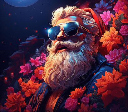 santa claus and poinsettia flowers, neon like retro wave environment, psychedelic