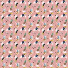 seamless pattern with colorful feathers on a pink background